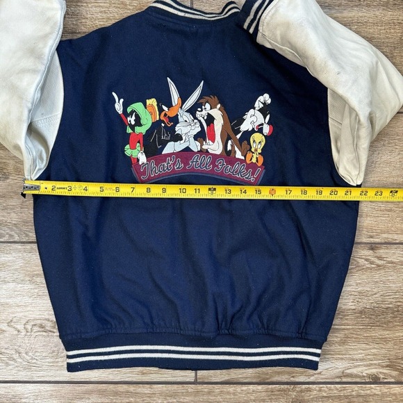 90s Warner Bros Studio Store Kids Wool Leather Varsity Jacket Blue Size XL - Picture 9 of 11